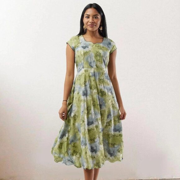 Green and Grey Printed Rayon Knee-Length Dress | Muvvas Boutique - Picture 1 of 5